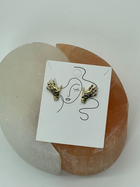 Alternate view of Stud Evil Eye Minimalist Earrings Fancy Hand Cubic Earrings Gold Plated