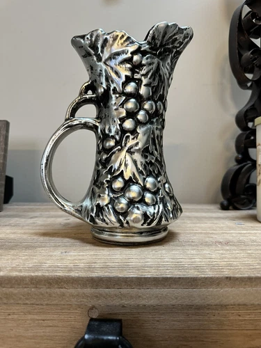 Vintage USA McCoy Pottery 641 Antiqua Line Silver Black Grape Leaf 9.5" Pitcher