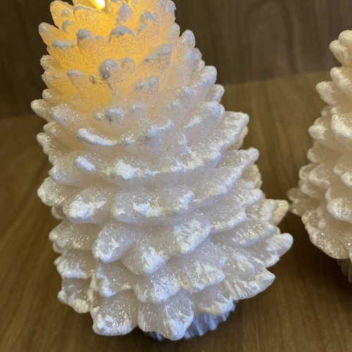 2 Martha Stewart Flameless Luminara Christmas Trees Wax Candle 8” Ivory Glitter - Picture 2 of 12