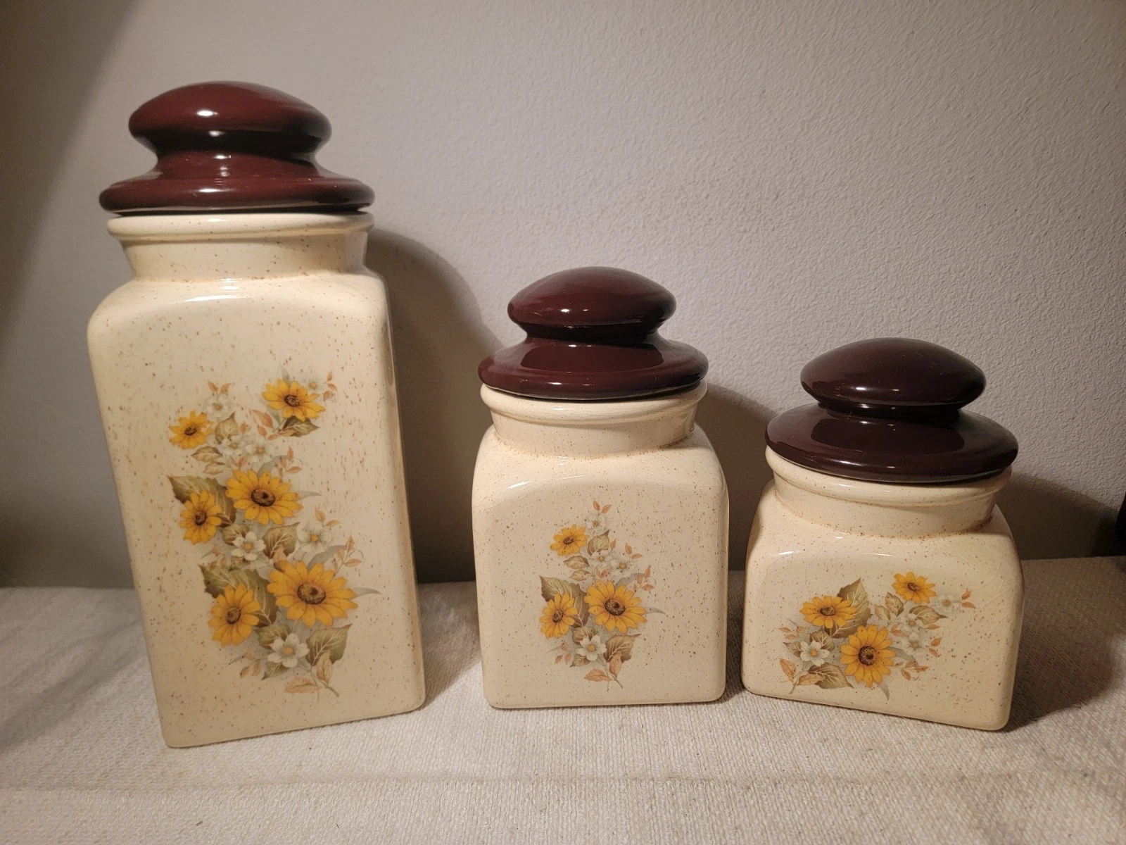 Signed Set 3 Handmade Ceramic Kitchen Canisters Sunflowers Speckleware Vintage