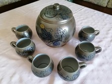 Bowleset grau/blau mit 6 Tassen Keramik/Steingut; Töpferarbeit