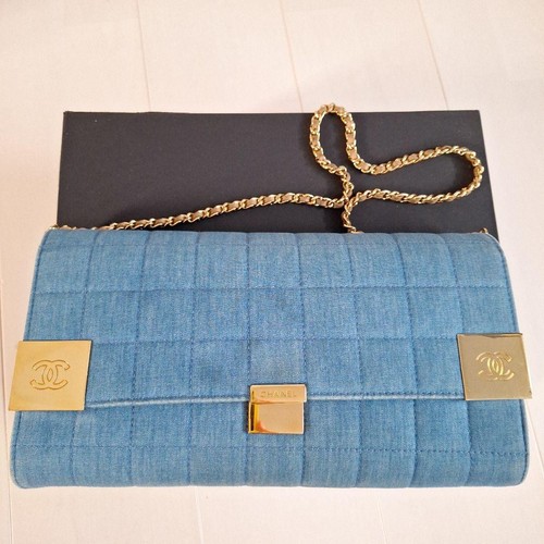 CHANEL Chocobar Shoulder Chain Bag Flap Purse Light Blue Denim Gold Hardware