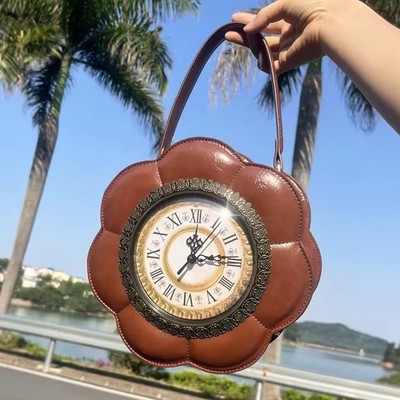 Brown Floral Clock Handbag