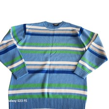 Vtg South Pole Mens Striped Crew Neck Sweater Long Sleeve Blue Green White Large
