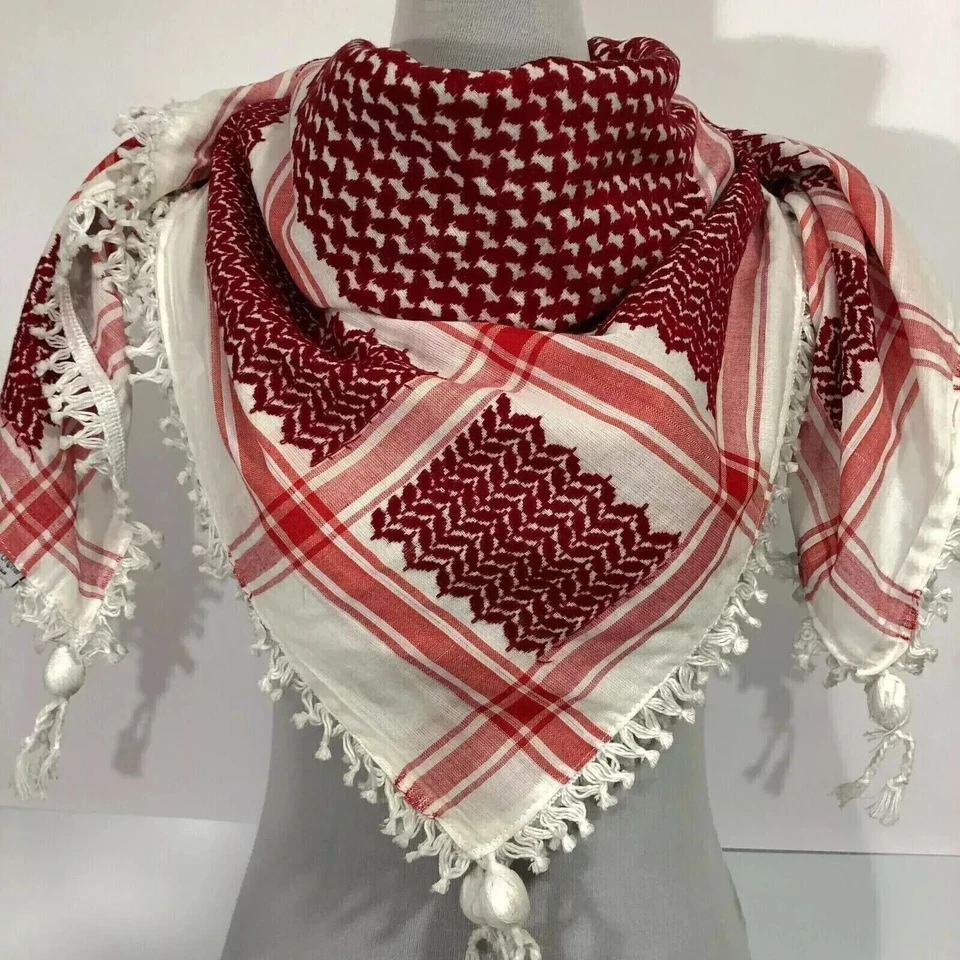 Bufanda Árabe Keffiyeh Shemagh Rojo sobre Blanco Hecho en Palestina Kufiya Arafat - Imagen 4 de 4