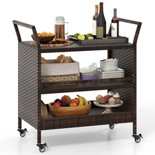Rattan Bar Cart for Outdoor 3 Shelf Serving Table with Universal Lock Wheels