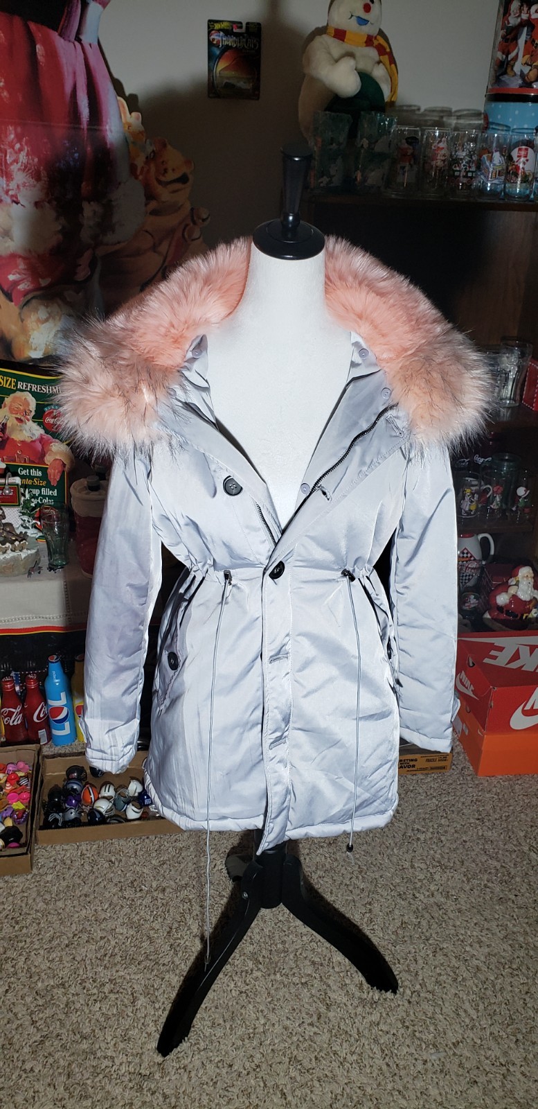Misspap Silver Women's Coat With Pink Fur Hood