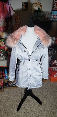 Misspap Silver Women's Coat With Pink Fur Hood