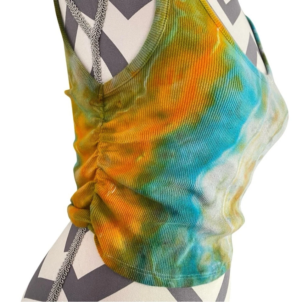 Camiseta sin mangas Geode Tie Dye hecha a mano corta para mujer talla mediana acanalada azul dorado acanalada Foto 4 de 4