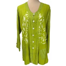Vintage Lyng Medium Art to Wear Tunic Top Green Button Down Artisan Lightweight