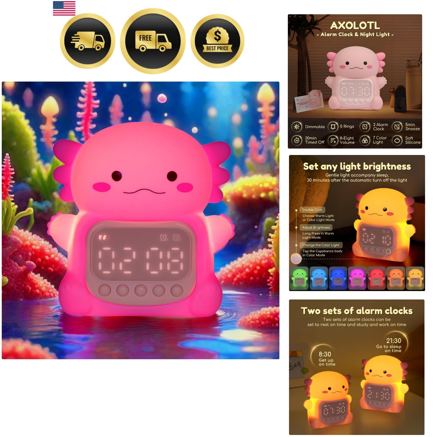 With Night Light Dual Snooze Cute Axolotl Bedside Lamp
