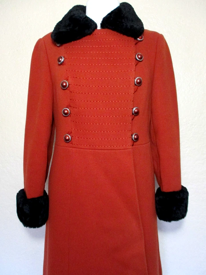 Abrigo Penny Lane Naranja Quemado Años 60 De Colección Talla 40 Mujer Negro Borde de Piel Estilo Militar Foto 2 de 4