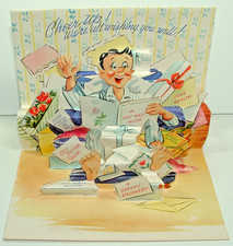 UNUSED - Lg. Pop-up - Mailman, Get Well Wishes, Comic - 1950's Greeting Card