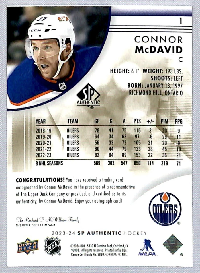 Connor McDavid 2023-24 SP Authentic Limited Gold Rookie Auto #1 Edmonton Oilers - Image 2 of 2