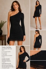 Nasty Gal One-Shoulder Black Mini Dress | Size 8 Long Sleeve BodyconLittle Black