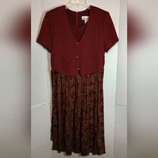 Vintage Allison-Che Red Short Sleeve Dress with Patterned Skirt Size 12