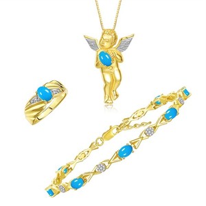 Authentic Rylos  Gold Plated Silver Turquoise & Diamond Guardian Angel Set Sz 5-10