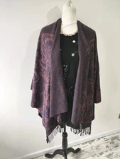 M&S Womens Cape Poncho Dark Purple Knit Winter Shawl Tassels Floral casual