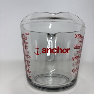 Anchor Hocking 4 Cup 1 Quart Glass Liquid Measuring Cup Red Letters - USA Made
