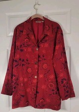 Chico's Design 100 Silk Red Floral Jacquard Blazer Jacket Women's Size 2 Large