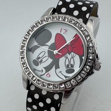 Accutime Disney Mickey Minnie Quartz Watch Women Silver Rhinestone New Battery