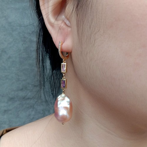 15x23mm Natural Cultured Pink reborn Keshi Pearl Cz PaveChain Dangle Earring - Picture 6 of 6