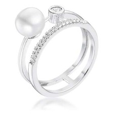 .15Ct Rhodium Plated CZ Freshwater Pearl Contemporary Band Ring
