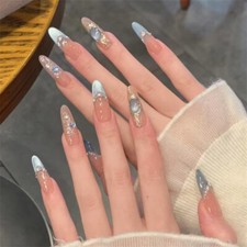 Almond Handmade Press-On Fake Nail Shiny Cat's Eye Elegant French Manicure 10PCS