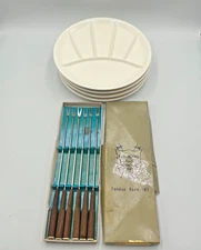 Northland Oneida Set Of 6 Stainless Sushi / Fondue Forks & Set of 4 Party Plates