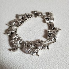 Elephant Silver Tone Bracelet w/ 9 Elephants 7 Movable Along Double Chain 7.5"