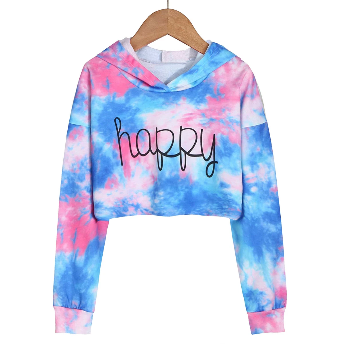 Kids Teen Girls Crop Tops Tie-Dye Hooded Long Sleeve Pullover Sweatshirts  Tops