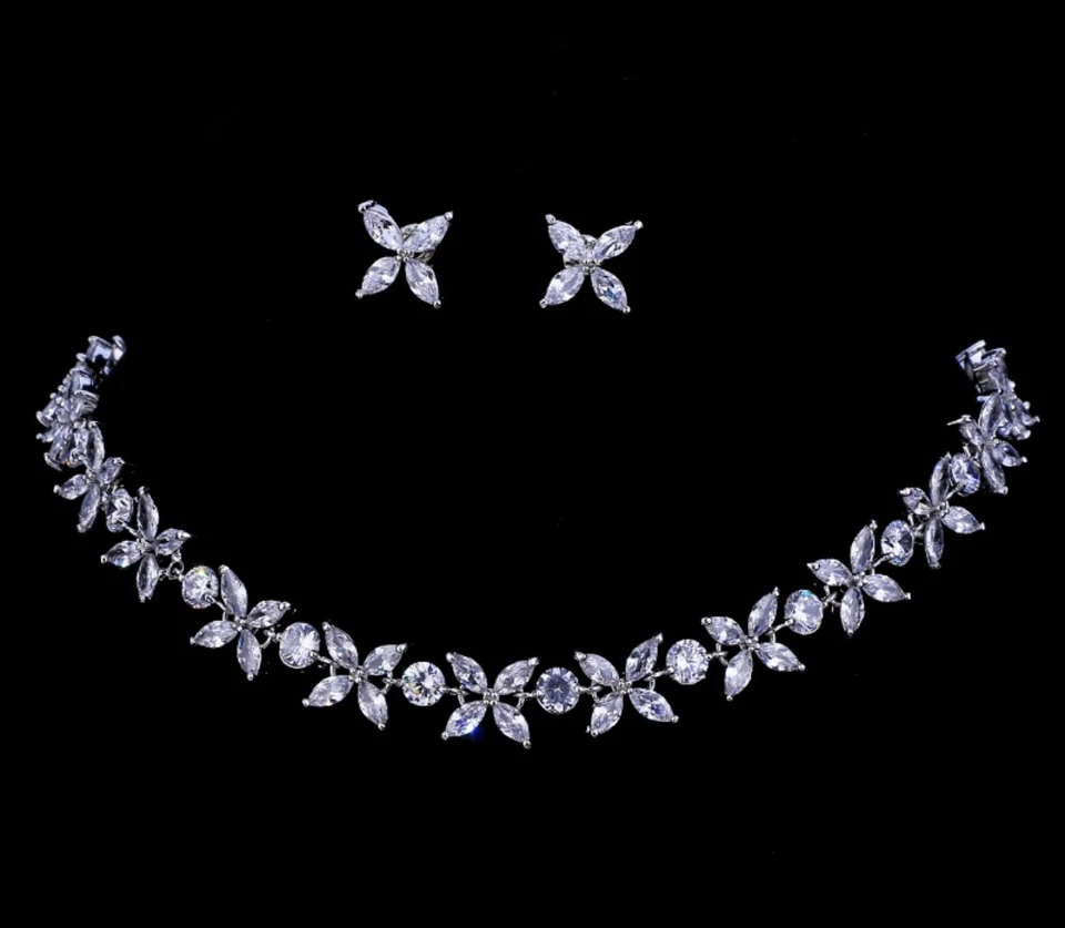 18k Platinum Plated made w Swarovski Crystal Tennis Necklace Earrings Bridal Set