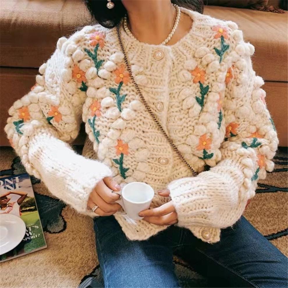 Handmade Crochet Cardigan Sweet Flower Sweater Thick Warm Jacket