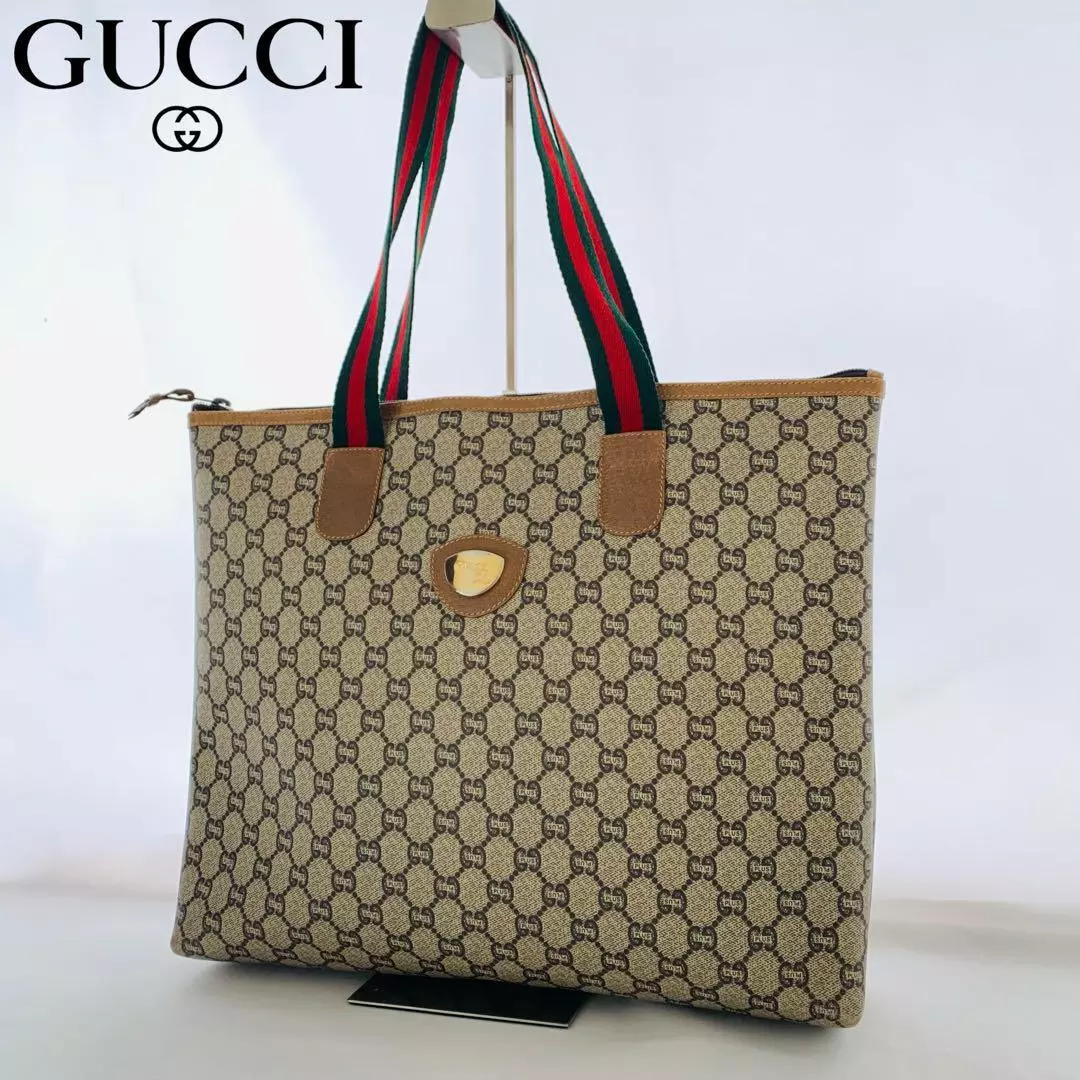 GUCCI Ancien sac fourre tout GG Plus beige PVC femme grande taille du Japon y5078