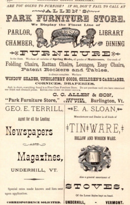 1882-83 PARLOR CHAMBER FURNITURE Tin ware Stoves NEWSPAPERS Chittenden Co VT