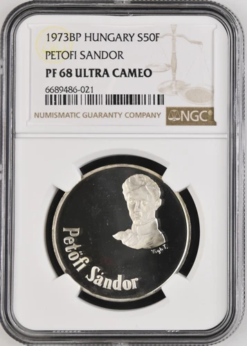 1973-BP Hungary Silver 50 Forint -Petofi Sandor - NGC PF68 Ultra Cameo