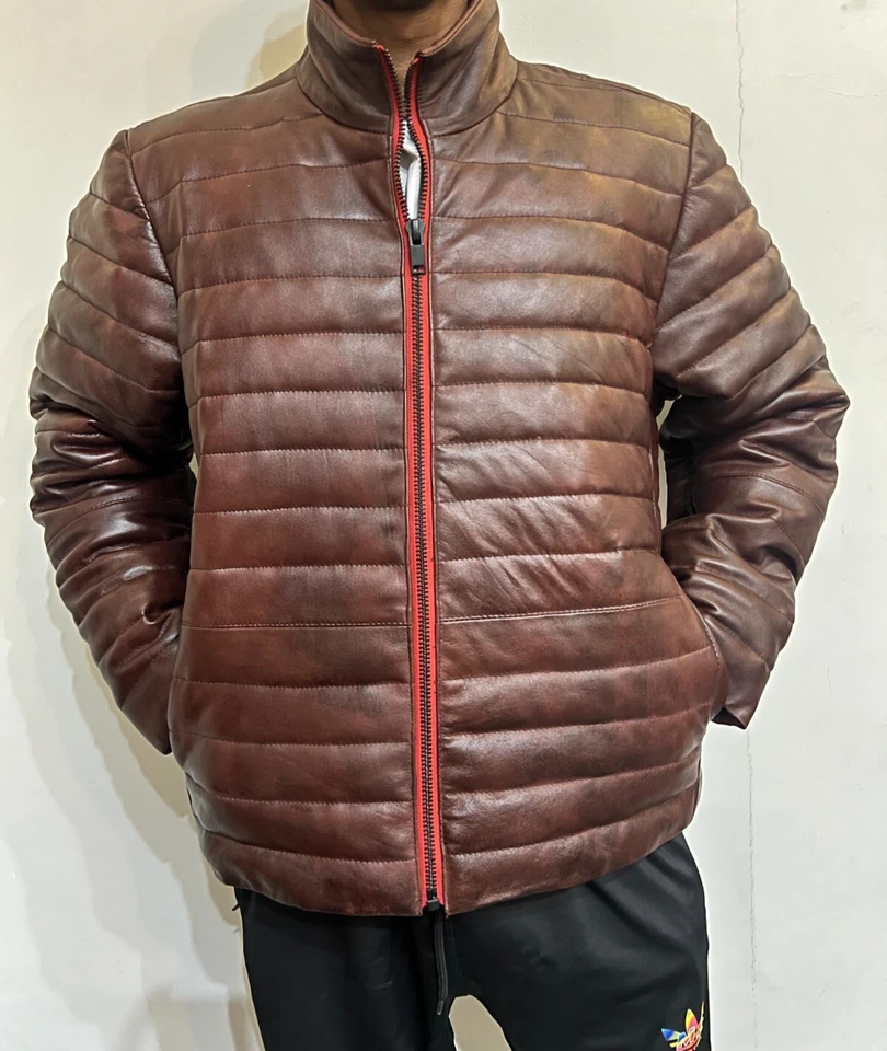 Мужская из натуральной овчины искусственно состаренной кожи пуховик вниз с подкладкой стеганая куртка пальто - Изображение 4 из 4