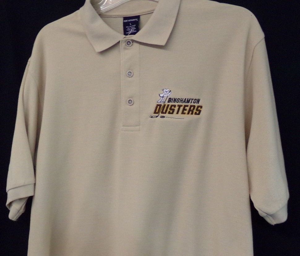 Binghamton Dusters Mens Embroidered Polo XS-6XL, LT-4XLT B.C. Comic Slap Shot