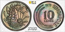 MS65 1971 Singapore Seahorse 10 Cents, PCGS Trueview- Rainbow Toned SOLO Top Pop