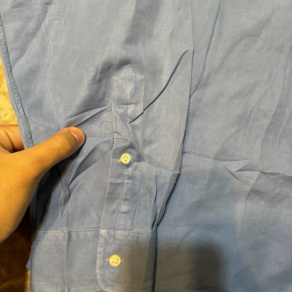 Polo Ralph Lauren Shirt Mens 2XL Blue Linen Silk Long Sleeve Button Vintage 90s - Image 3 of 4