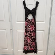 Leopard Floral Lace Trim Cutout Midi Dress Black Pink Animal Print Sleeveless