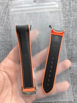 21mm Black Orange Nylon FKM Rubber Watch Band For Omega Seamaster Planet Ocean