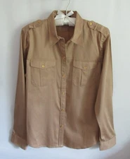 Chaps khaki 100% cotton long sleeve epaulets button front shirt *Sz L*