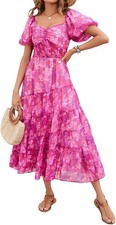 Women Floral Maxi Dress Short Puff Sleeve V Neck Bohemian Flowy Dress Smocked-L