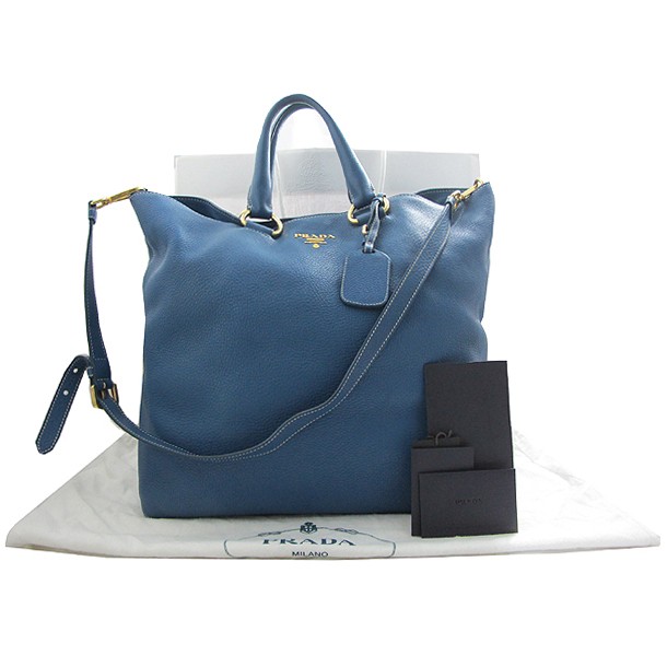 Prada BN1713 VIT Daino Cobalt Blue Leather Gold Logo Tote Bag