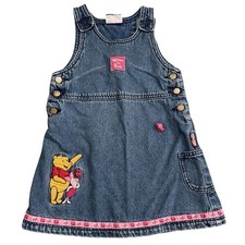 VTG Winnie Pooh Denim Dress Girls 2 Piglet Embroidered Pink Overall Butterfly