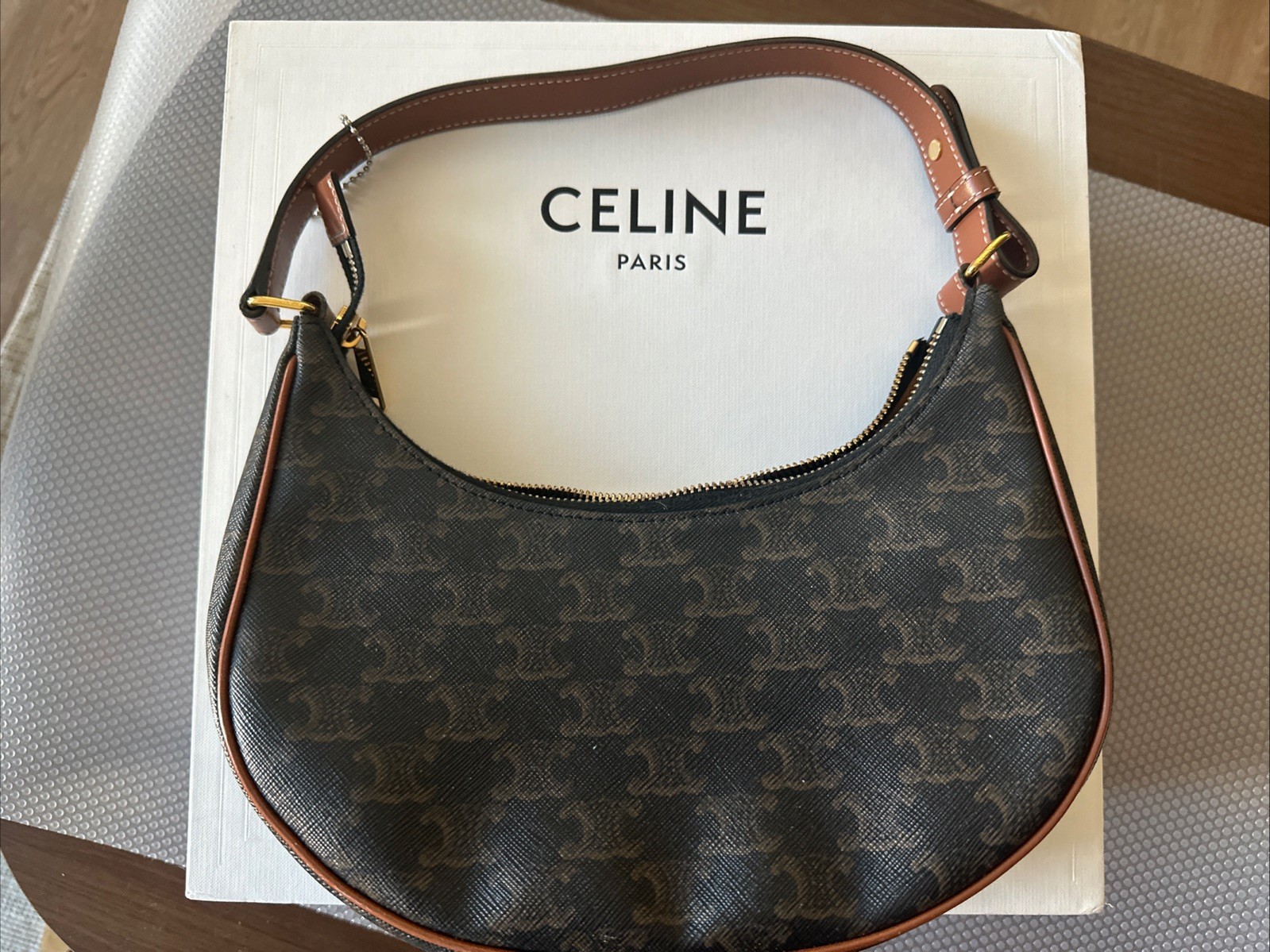 Celine Ava Monogram Triomphe Calfskin Leather Canvas Bag