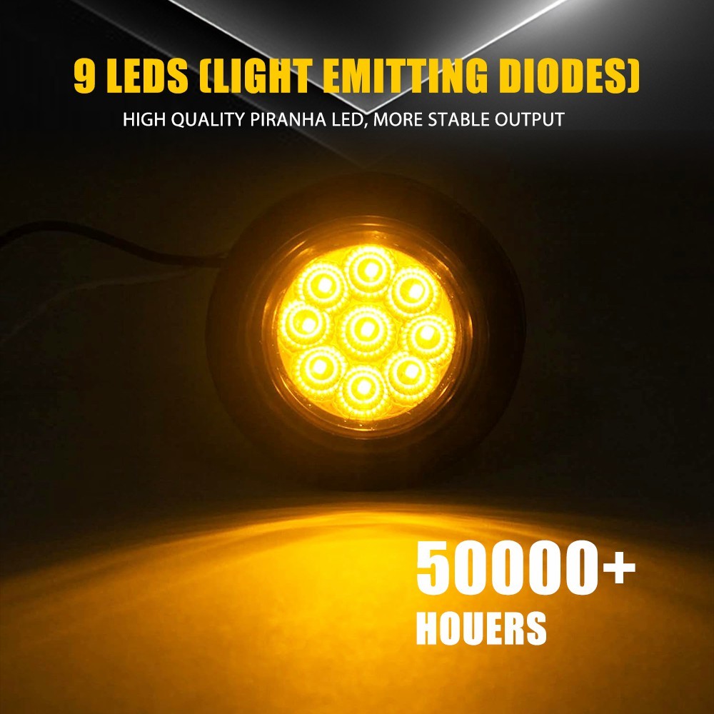 5PCS 2" Amber Round 9LED Side Marker Clearance Lights with Grommet and Pigtail