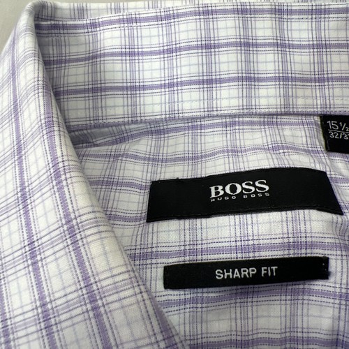 Camicia elegante Hugo Boss uomo 15,5 32 bianca viola quadri polsino francese colletto a taglio - Foto 3 di 14