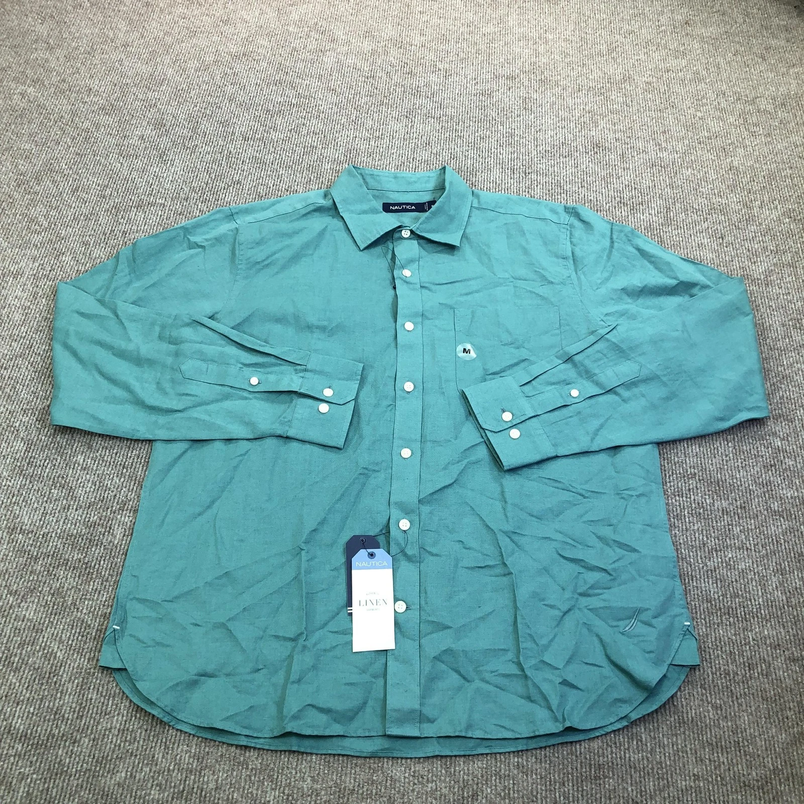 Nautica Shirt Mens Medium Green Linen Long Sleeve Button Up Holiday Casual Wear